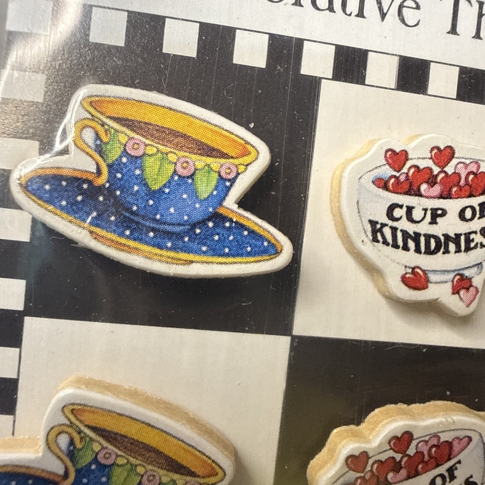 MARY ENGELBREIT 12 THUMBTACKS Set TEAPOTS Teacups Pink Cup of Kindness Cottage - Picture 3 of 5